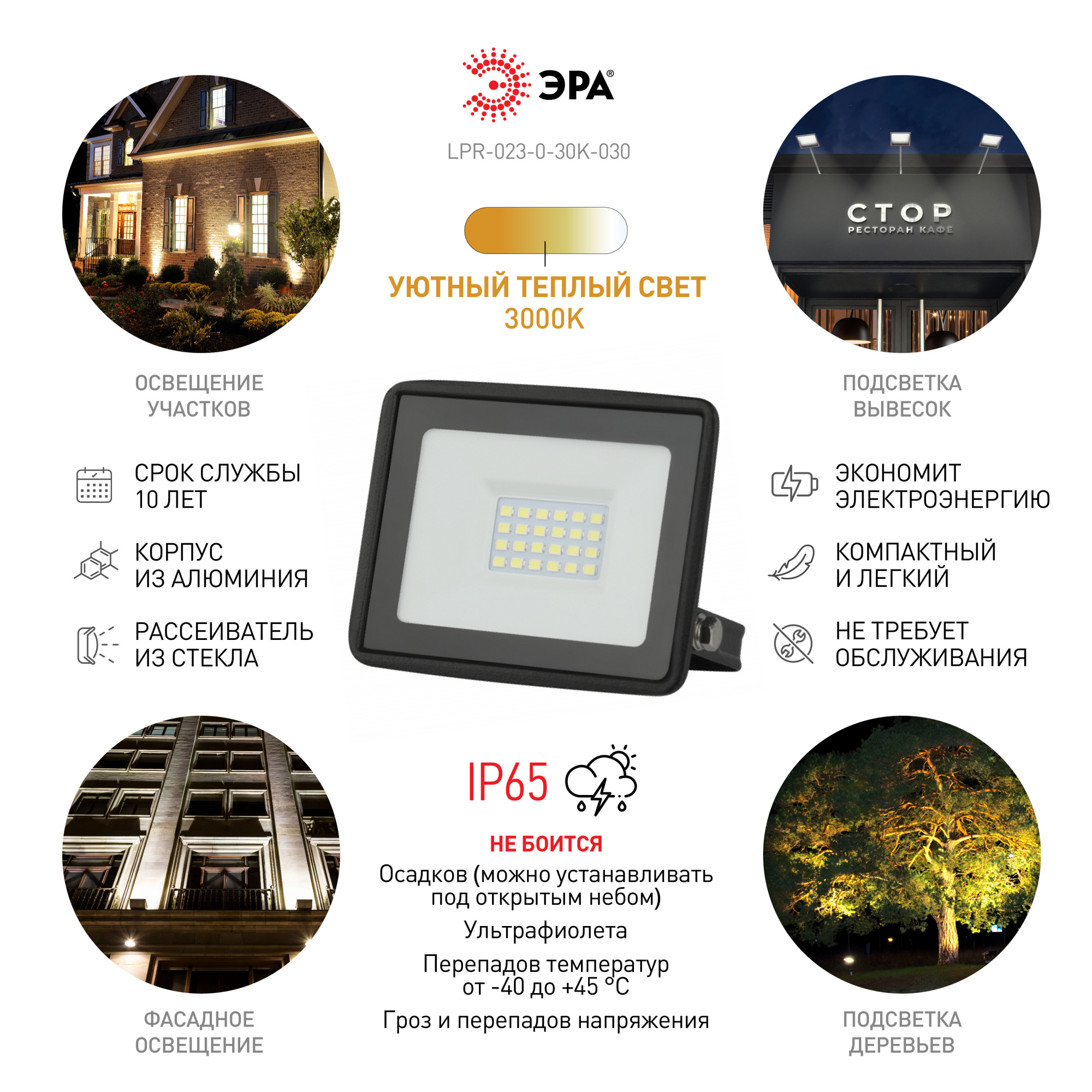 Прожектор светодиодный Эра LPR-023-0-30K-030 30 Вт 3000К IP65 черный